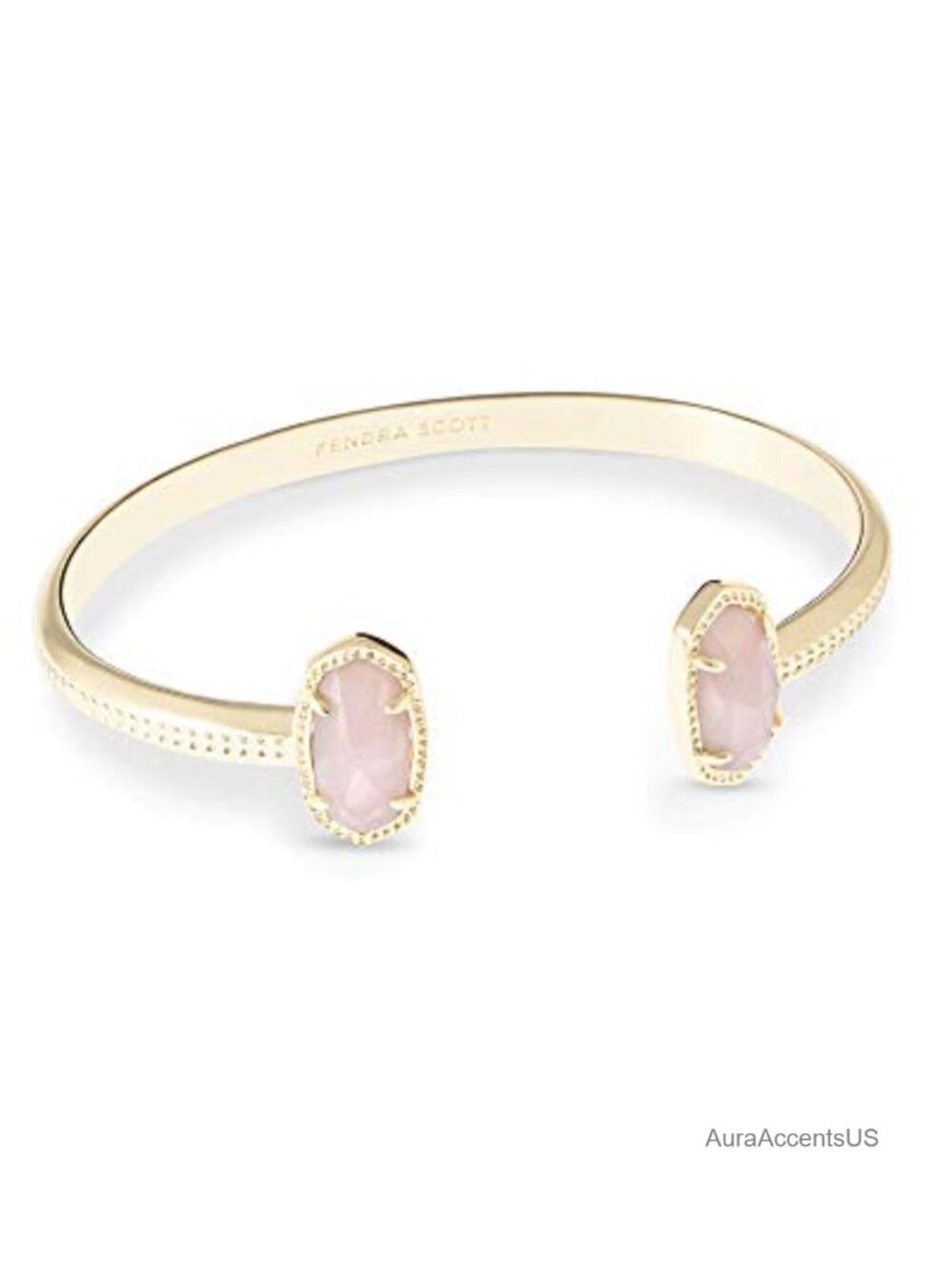Gold Plated Brass Cuff Bracelet with Oval Rose Quartz Stone - Adjustable